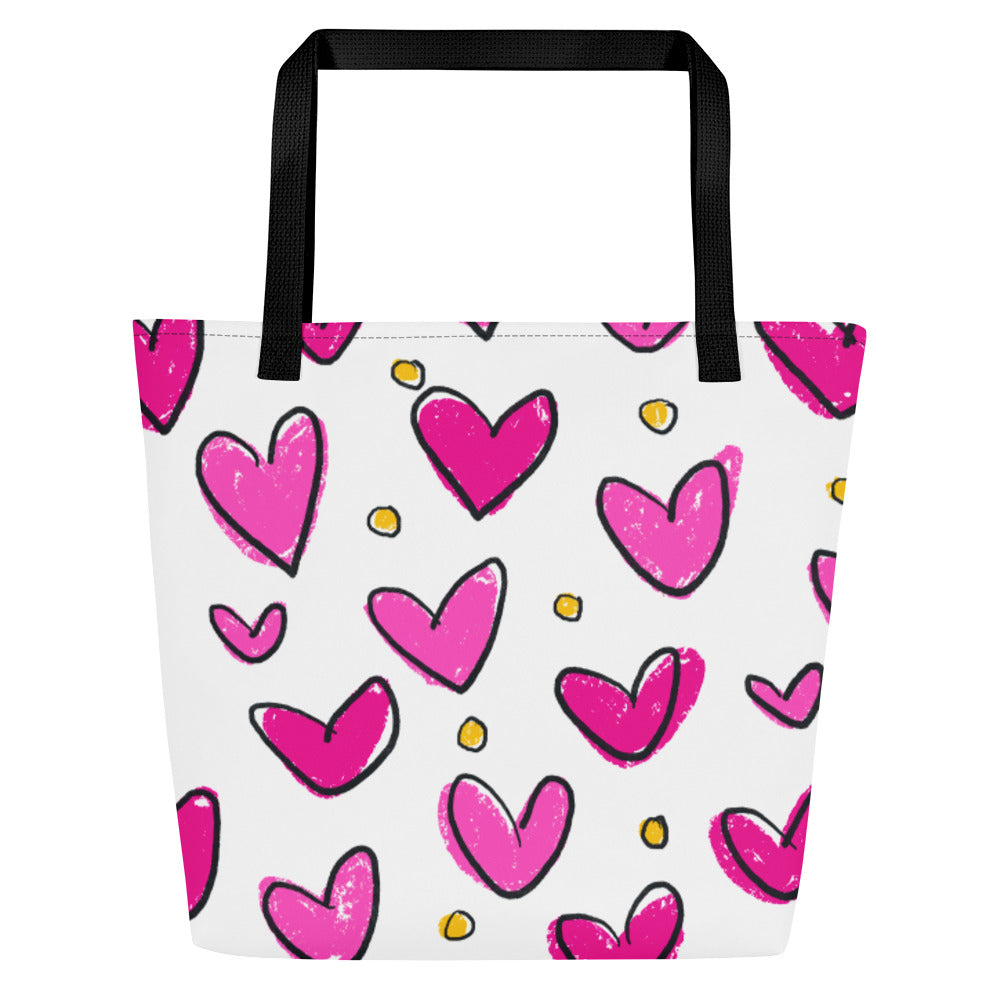PINK SKETCHY HEARTS All-Over Print Large Tote Bag, Beach Bag, Gym Bag